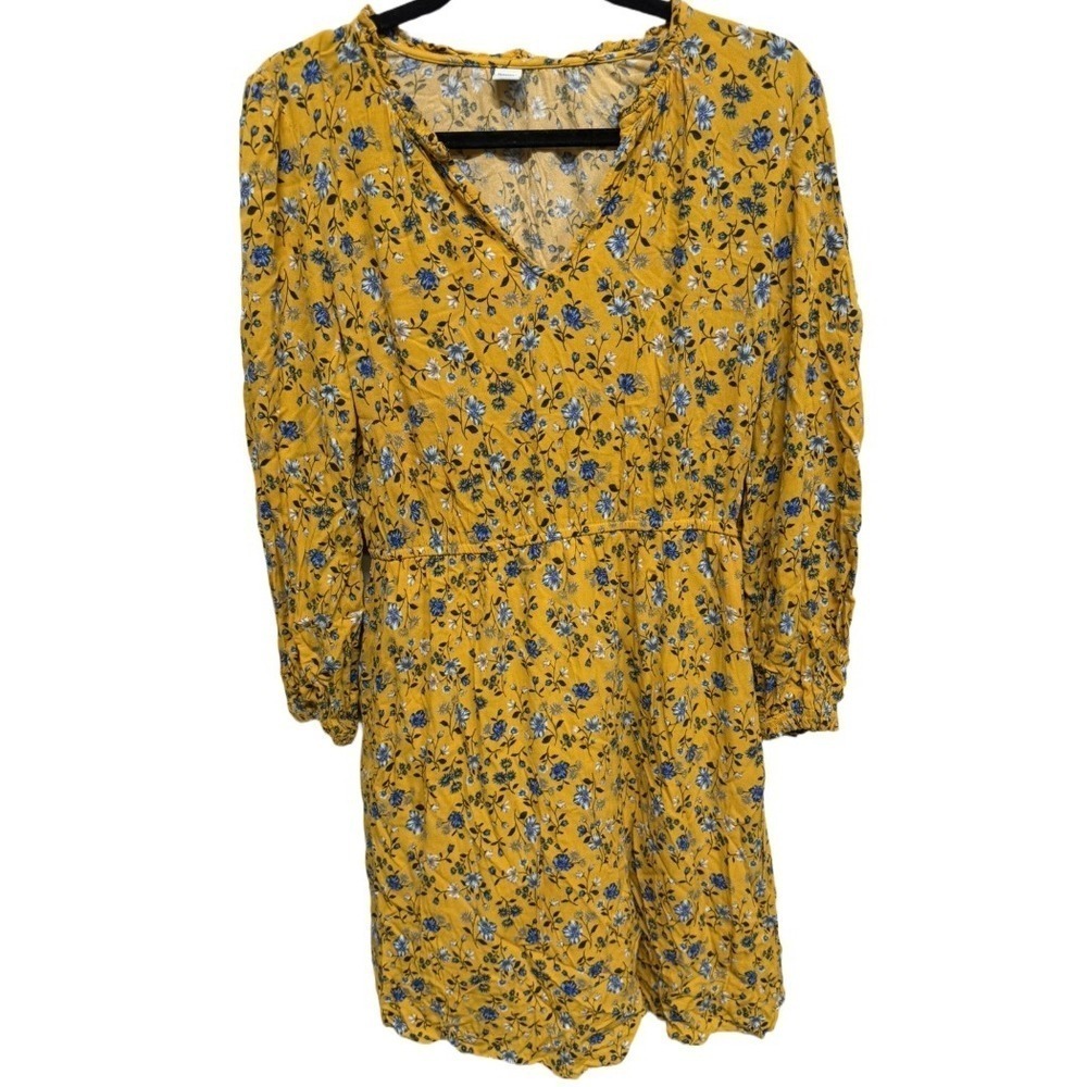 Old Navy Long Sleeve Boho Yellow Blue Floral Knee Length Dress Size Medium
